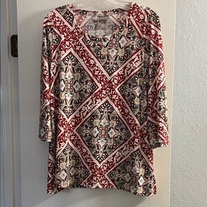 Chico's Red and Cream Geometric Medallion Long Sleeve Tee